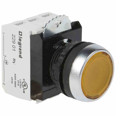 Кнопка с потайным толкателем 22,3 - Osmoz - в сборе - с подсветкой - желтый - 24 В~/=