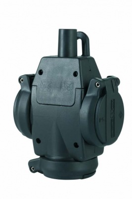 SCHUKO solid rubber suspended triple-connector, black, IP54, with voltage indicator