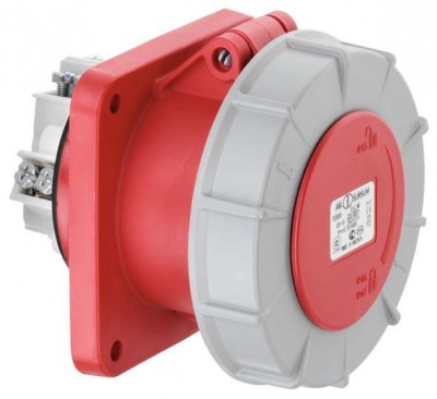 CEE flanged socket, straight, IP67, 63A, 5-pole, 400V, 6h, red
