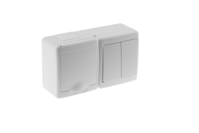 BETA bloks virsapmetuma slēdzis 1+1 + rozete ar sazemējumu, ar vāku balts  IP44