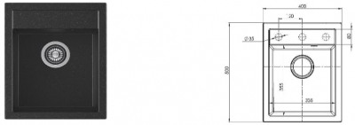 Izlietne granīta Grappa40 500x400 melna ar sifonu