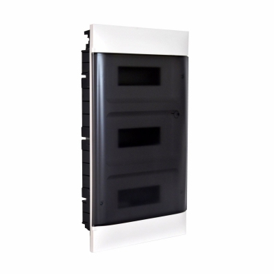 Practibox S flush-mounting cabinet for masonry - earth + neutral terminal blocks - smoked door - 3 rows - 12 modules/row