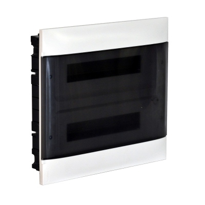 Practibox S flush-mounting cabinet for dry partition earth + neutral terminal blocks -smoked door -2 rows 12 modules/row