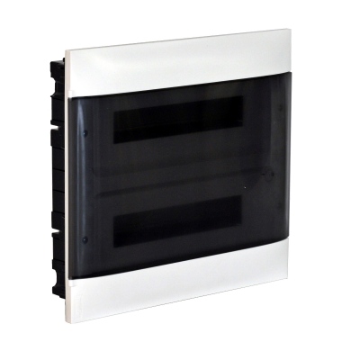 Practibox S flush-mounting cabinet for dry partition earth + neutral terminal blocks -smoked door -2 rows 18 modules/row