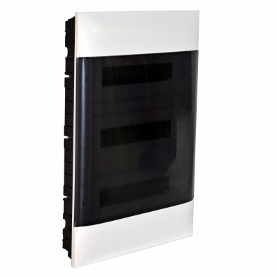 Practibox S flush-mounting cabinet for dry partition earth + neutral terminal blocks -smoked door -3 rows 18 modules/row