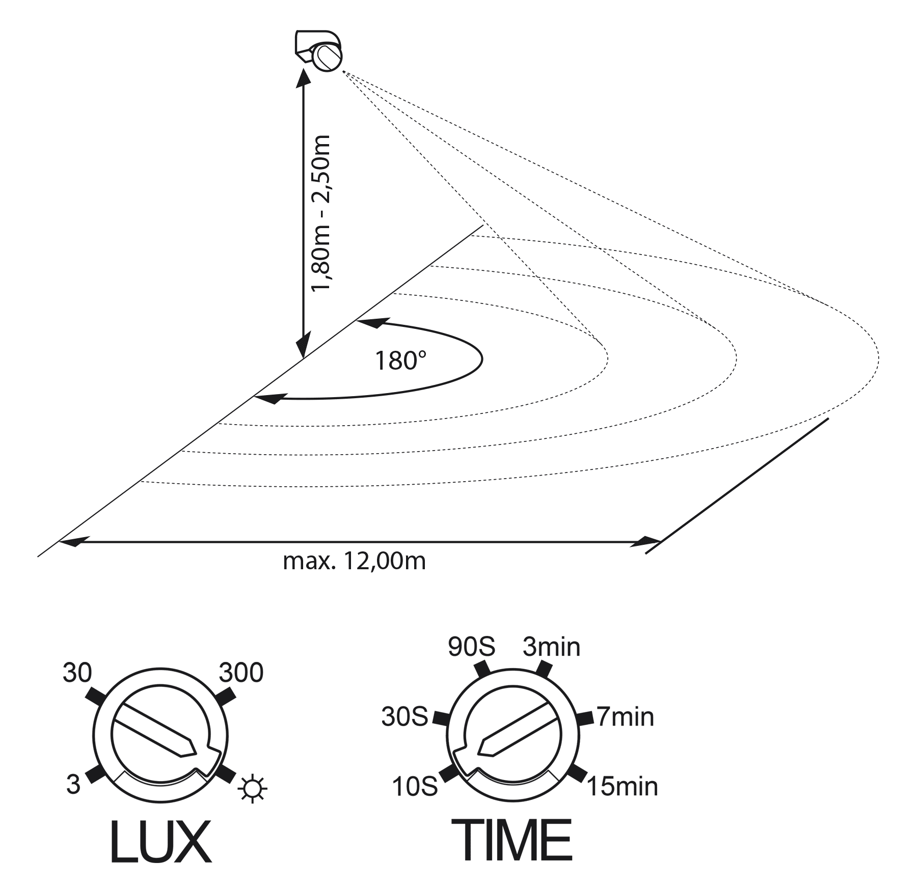 ALIO MS-180-12LW kustības sensors, virsapmetuma, 180 grādi, 12m rādiuss, IP44, 800W
