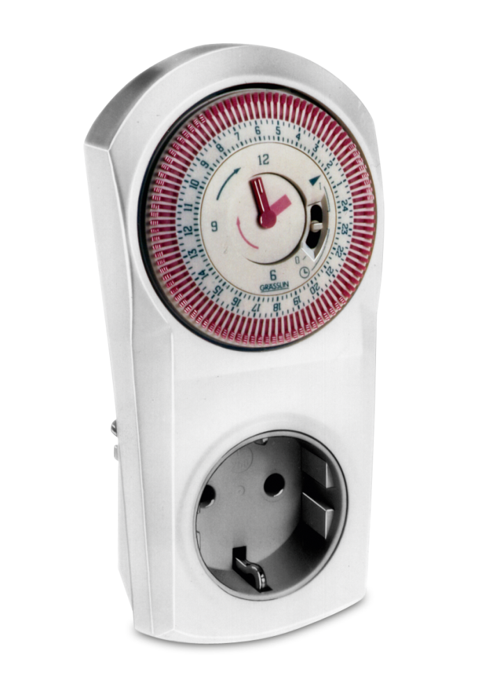 Plug-in timer for daily programs, with pointer mechanism and protective cover, analogue